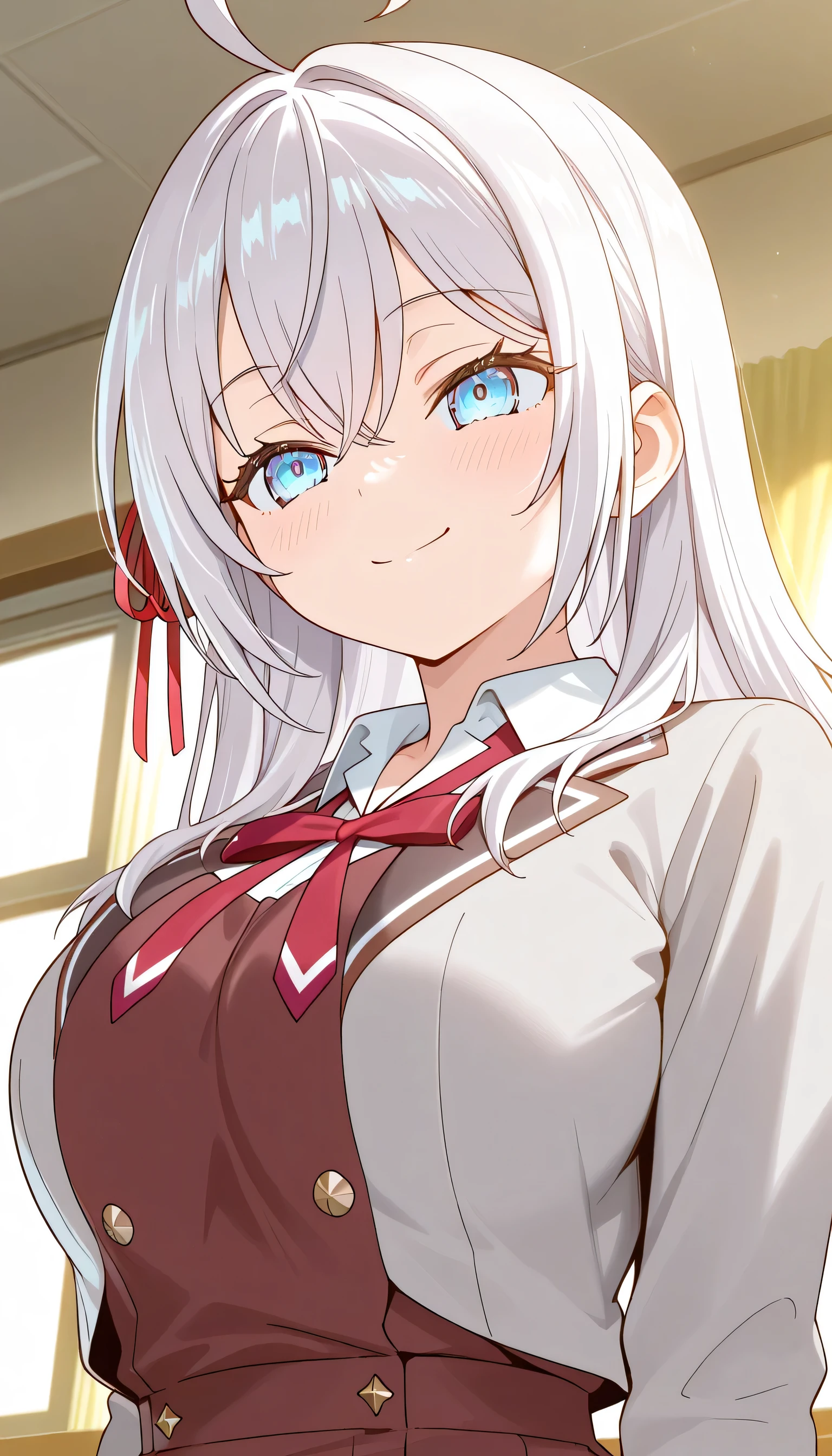 ultra-detailed, 8k,(Colorful anime women), Beautiful Face, One girl,  Alisa Mikhailovna Kujo,Tomorrow, my friend, Arya-san, will be visiting Russia.,alone, ((Anime style background)),masterpiece, Highest quality, AI-generated, Complex,High resolution, Highest quality, super high quality,3D Images、3D Images, (Brighten your face), so beautiful,Latest, Complex details, Long Hair, Eyebrows visible through hair, Hair between the eyes, Silver Hair, Hair Ribbon, blue eyes, (Colorful eyes), (Shining Eyes), Medium chest, ,Long sleeve, Jacket,
View your viewers, Upper Body, Dutch Angle,Mouth closed, Close one eye, A light smile,
Highest quality, so beautiful, Absurd,