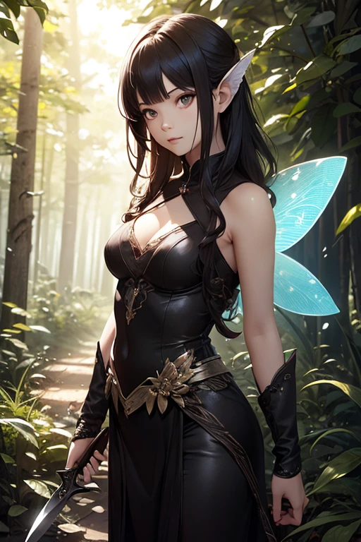 Detailed textures, high quality, high resolution, high accuracy, realism, color correction, correct lighting settings, harmonious composition. cover of the art book "Harlequin dreamer" black elf girl, in an elf costume on a futuristic background, 1 girl, chest, black hair, dark skin, black hunter costume, elf ears, mystical beauty, dagger in hand, stern look, parted lips, mystical eyes, jewelry, earrings, solo, cleavage, curvaceous, looks at the viewer, sexy clothes, stands in a mystical forest, fantasy forest, night lights,at night, dark ef, Artoria Custer (third ascension), Magic circle, Circle mantra, fantasy, white hell