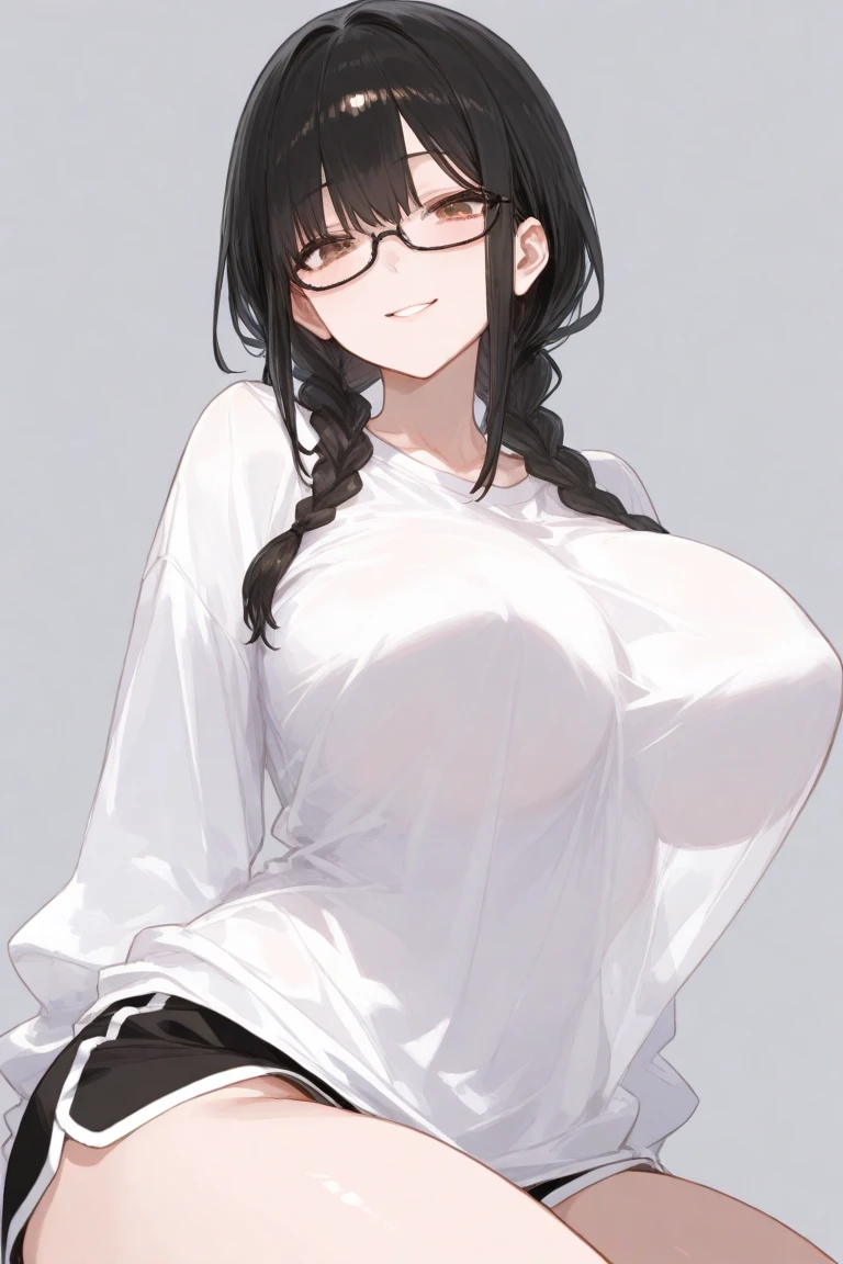 a woman, tanned skin, black fur, a hairstyle with two long braids that fall over her shoulders, hair between eyes, with straight bangs that cover his forehead. He wears black glasses with rectangular frames and has a nervous expression on his face., black hair, big eyes and heart, small nose, huge breasts, Skinny body, small waist, whole body, messy clothes, , skirt on the floor, masturbating, smelling a shirt, a nerd, alone, Transparent clothing, school passport