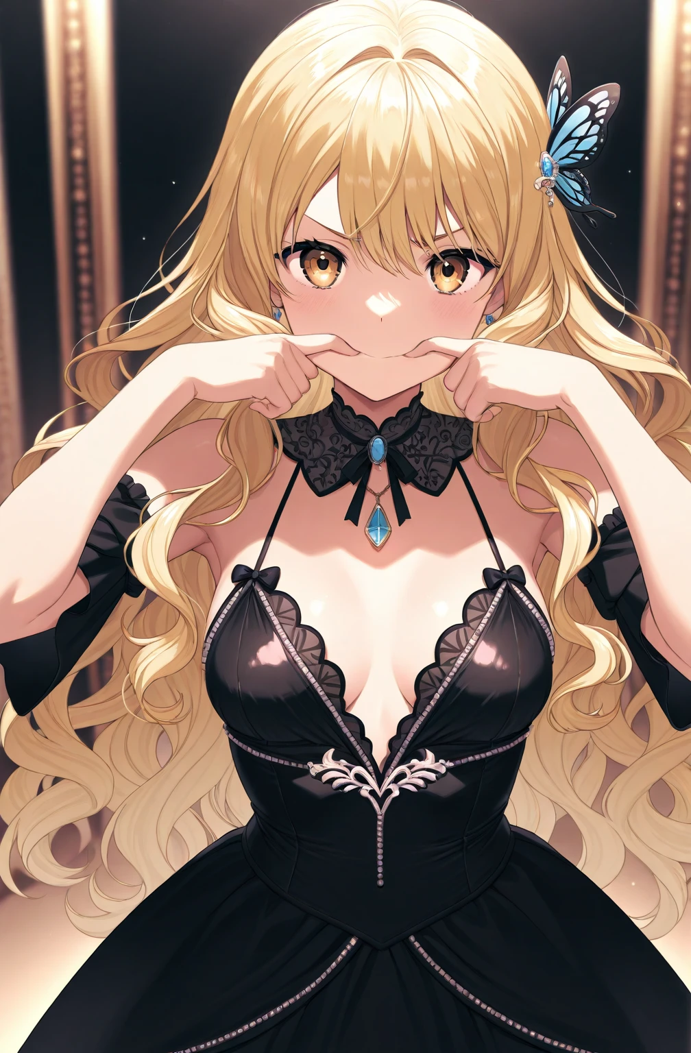 (masterpiece, top quality, very aesthetic, 4k、illustration), intricate detail, 1woman,solo,contrapposto 、(gradient eyes、tareme)、Strong glowing eyes、asymmetrical bangs,Fair skin,(upper body)、beautiful women、Cleavage、clear face、(red lipstick),beautiful face、(gradient hair)、(blonde hair)、low ponytail、sidelock ,straight hair,green eyes、Evening Dresses、medium breasts、slender 、