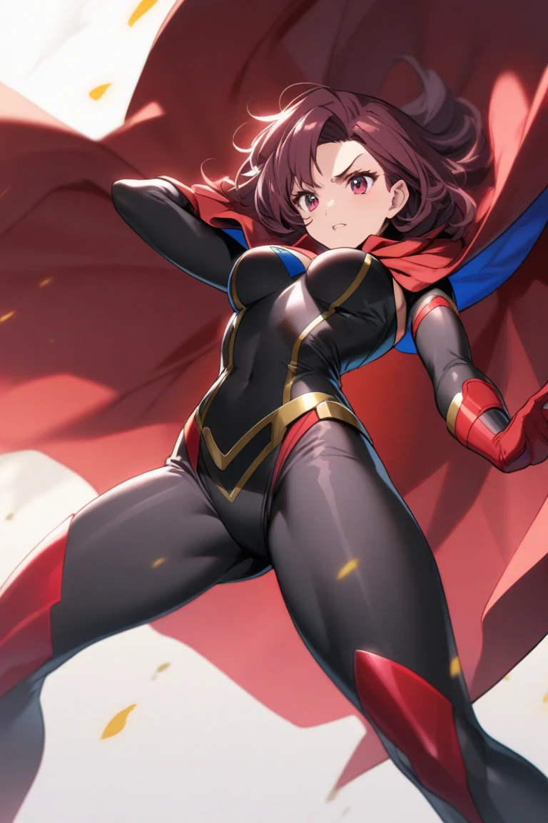 1girl, ultra high res, large chest, body suit, covered navel, cape, smile, red eyes