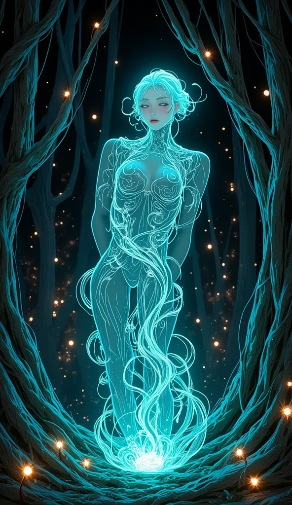 Ultra detailed illustration of a person lost in a magical world of wonders, glowy, translucent, transparent,  bioluminescent flora, incredibly detailed, pastel colors, handpainted strokes, visible strokes, oil paint, art by Mschiffer, night, bioluminescence