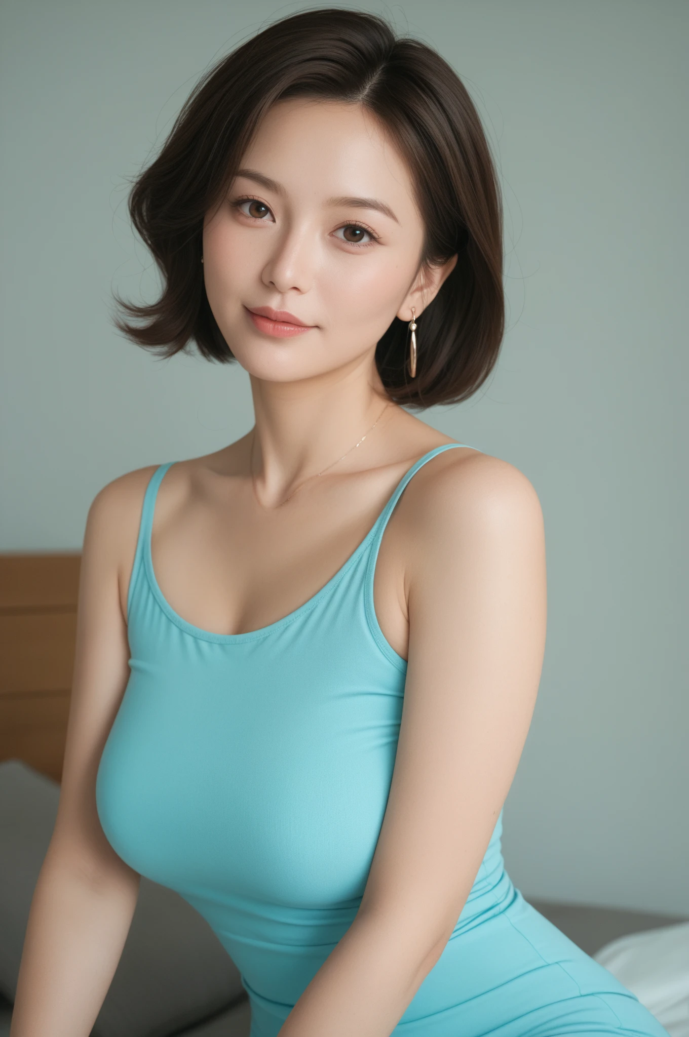 masterpiece, highest quality, (realistic, photo-realistic:1.37), 8k, very delicate and beautiful, wonderful, finely, official art, super detailed, very detailed, beautiful detailed girl, 1 girl, 35 years old, (perfect woman image), whole body, (smile and smile), medium breasts,(((she is wearing a slim tank top.))), ((cowboy shot)), perfect body, perfect face, Exactly, ((Depth of the bounds written)), perfect image realism, (((With background:modern house living room)))、詳細なWith background, detailed costume, perfect lighting、hyper realism、Photoreal、8K maximum resolution, (masterpiece), very detailed, Professional, Sexy