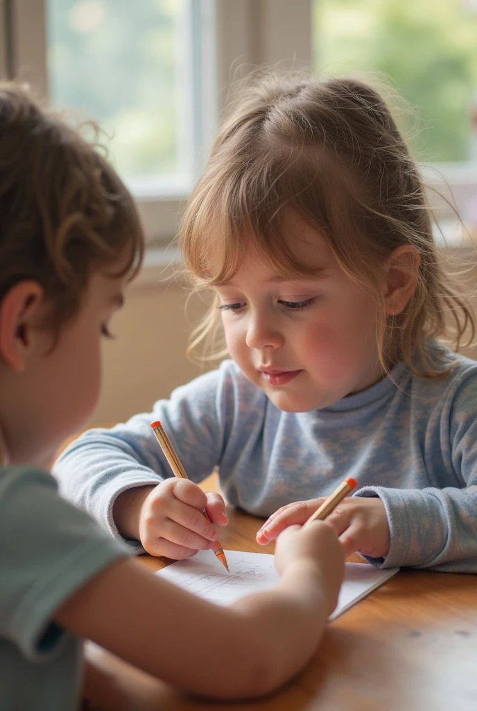 Image of an American boy and girl 5 years old learning to write on the table , happy face and concentrated, high definition image, hd, 4k, ultra-realistic photography, nice environment for study. --auto --s2