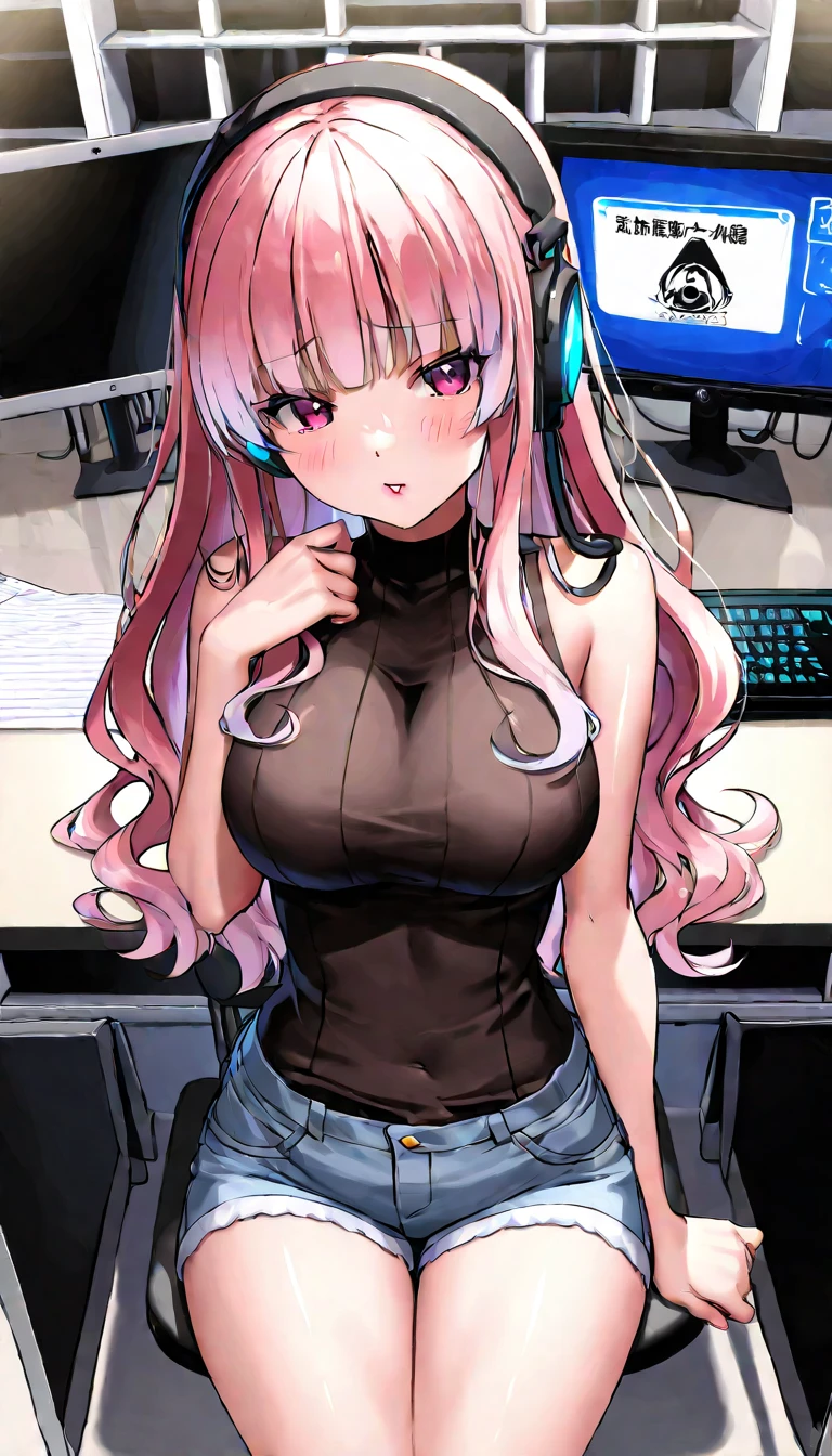 1girl, solo, (masterpiece, best quality:1.4),((best quality)), ((highly detailed)), masterpiece, absurdres, (detailed eyes, deep eyes), bunny girl, pink hair, long hair, bangs, blue eyes, white pupils, smiling, big breasts, deep cleavage, rabbit ears, fake animal ears, headset, headphone's, ear piece, rabbit tail, dark blue leotard, detached collar, pink bow, bare shoulders, black pantyhose, wrist cuffs, excited expression, smiling, teeth, front of the computer doing a Twitch livestream, the girl is a Twitch streamer, Twitch streamer/gamer, highly detailed background, (Background: Indoors, in a room with a desk, chair, microphone, mouse, keyboard, There are multiple computer monitors), sitting on a chair, depth of field