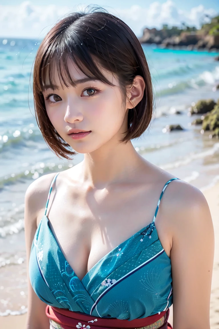 (8K, Photoreal, Raw photo, best image quality), Japanese high school girl、(random hairstyle)、cleavage、eye for details、double eyelid、Beautiful woman、light brown hair、highest quality、masterpiece、Fuming、thin、short haired、micro bikini、Beach、Full Body Shot