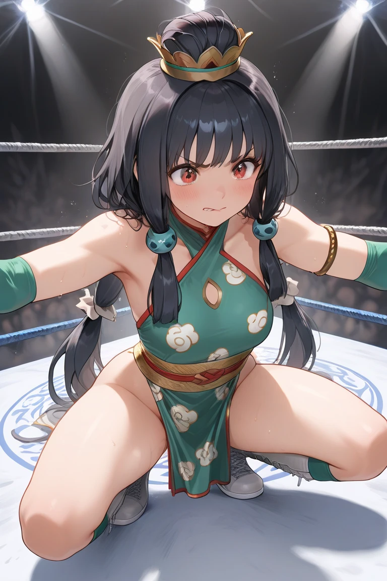 palla, 1girl, solo, ((Tight leotard)), ((sexy pose)), ((Wrestling ring)), hair ornament, cowboy shot, flower, japanese clothes, hair flower, kimono, sash, obi, tabi, checkered clothes, hair up, green kimono