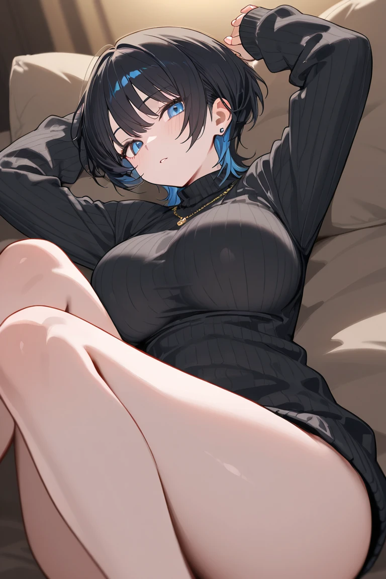 NSFW,tiny girl,small tits,Lying down,Lift both legs,Striped panties,blushed face,Smile with open mouth,Short black hair,Pants stockings,Whip thighs,magical girl costume,hair adornments,Heterochromia,Blue and green eyes,Top image quality,Best Quality