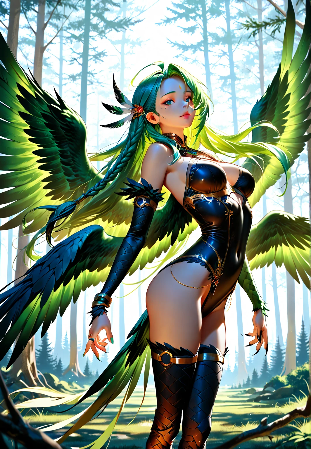 8K,A monster woman with bird wings on both arms.,harpy,Troubling white-skinned wingman,Has sharp bird claws on both feet,green short bob hair,fantasy art,character art,ultra high resolution,super realistic skin,Precise bird wing details,digital art,beautiful expression,Sexy cleavage,Large fangs can be seen from the wide open mouth,Emphasizes large cleavage,See here,Seduce,sexy pose,