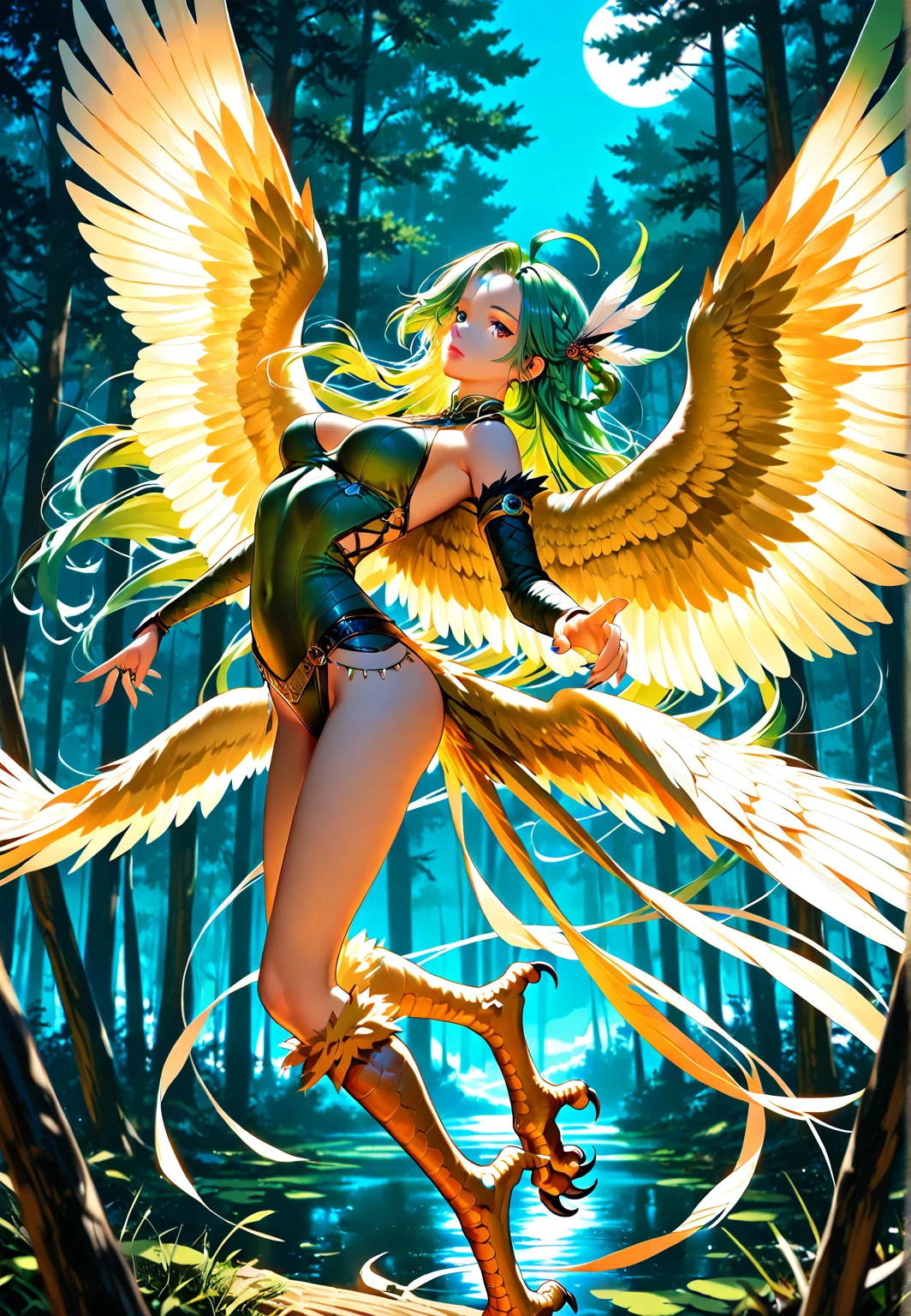 (((((fluorescence green skin))))), beautiful face, (((strong wind))), storm, (((green eyes))), (hair ornament)), (((((green tattoo))))), (((naked))), (((pubic hair))), female genitalia, beautiful girl, (((long silver hair))), (night),(((Beautiful face))),standing, (((((silver wings))))),(((sky))),(nipple)