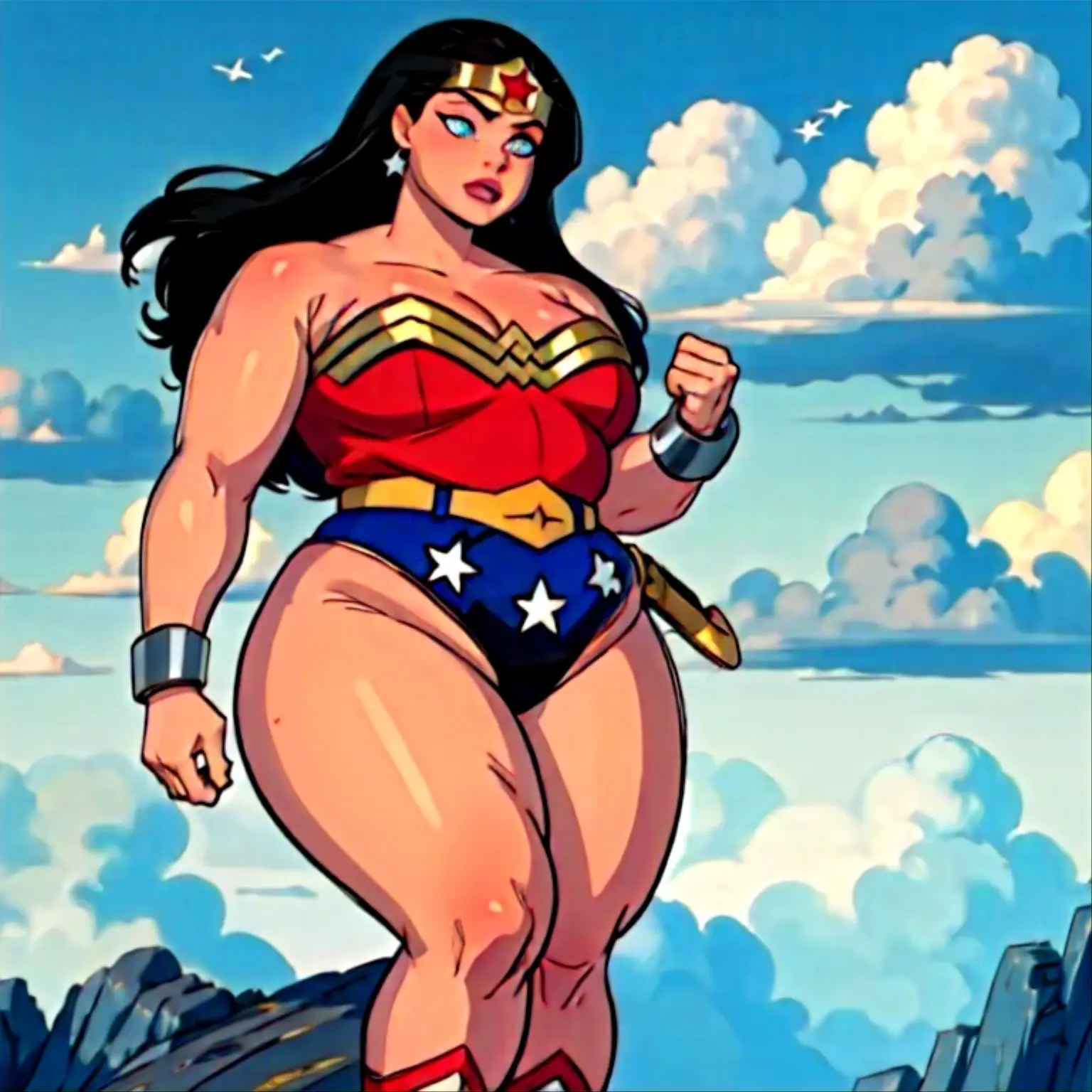 masterpiece,best quality,extreme detail,8k,wonder2, 1 fat girl, SSBBW, big ass, solo, long hair, breasts, blue eyes, black hair, bare shoulders, jewelry, medium breasts, weapon, earrings, boots, belt, sword, cloud, dark skin, star (symbol), leotard, dark-skinned female, strapless, tiara, red footwear, sheath, clenched hands, star earrings, superhero
