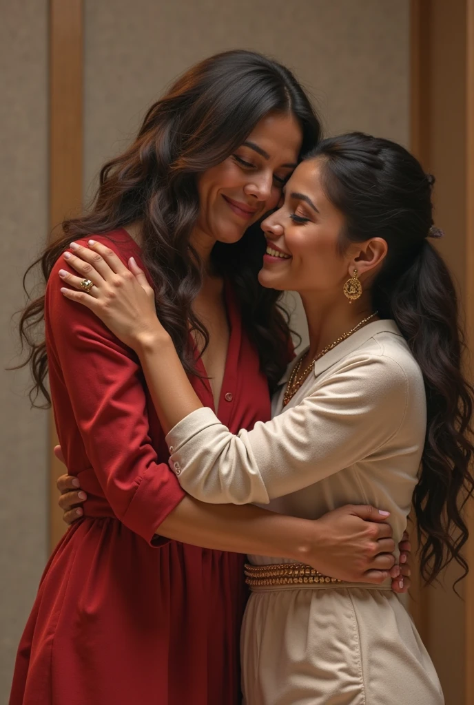 Create a realistic photograph of a smiling and beautiful indian actress in red jacket carrying a large man on her shoulders in a room, man is sitting on top of her shoulders