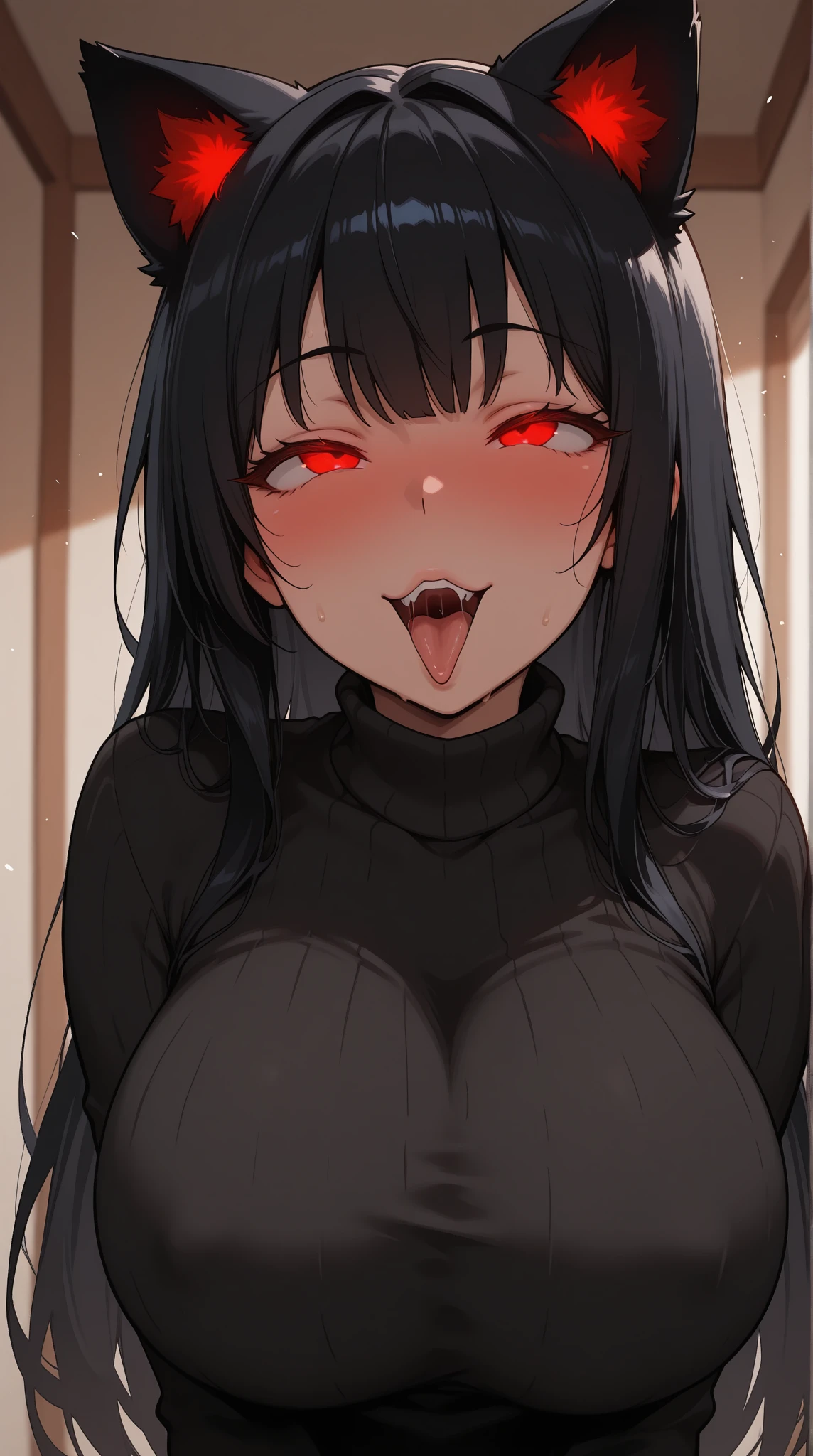 masterpiece, best quality 1girl, solo, beautiful woman, bangs, black hair, short hair, bob cut, dark red eyes, deep blush, grin, medium breasts, black turtle neck sweeter, short black skirt, plated skirt, looking at viewer