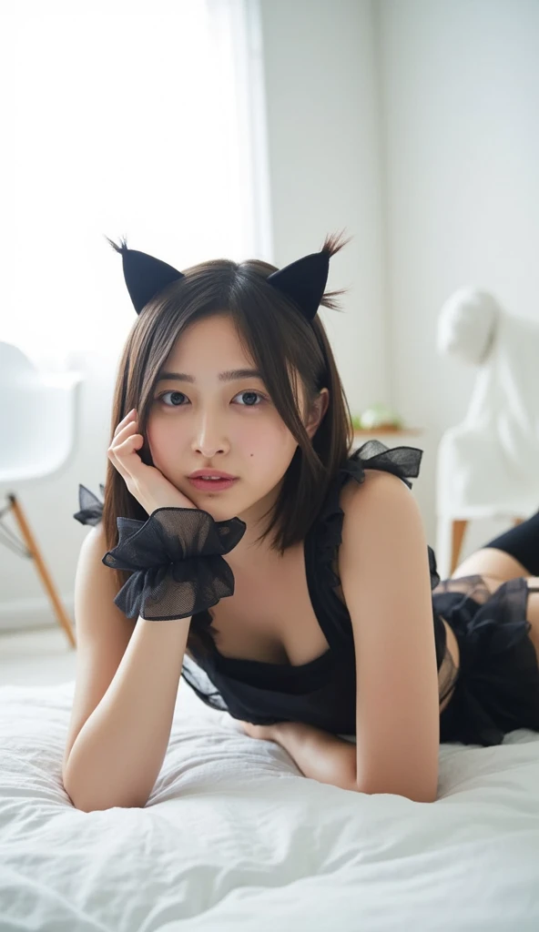 fluffy white room, 1girl, full body, all fours, extremely huge breasts, half girl half cat, beautiful black fur, cat ears, cat eyes, sexy tail