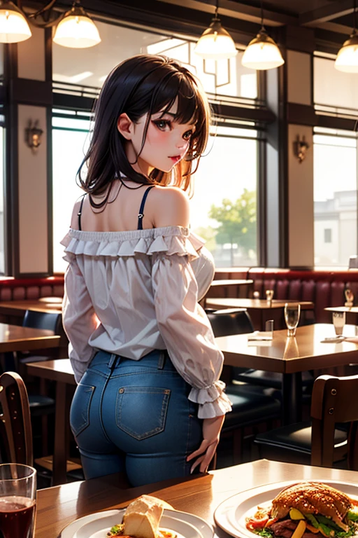 ((Extremely exposed))(High-definition image quality)極Realistic skin texture、High definition face(brown、Very long straight hair、Hair behind the ear、Beautiful moist brown hair、Smooth Hair)((Bright smile))、Gaze(sexyな25歳の女の子、Idol Makeup、Eyeliner)(Fair skin)(Sparkling eyes)Smooth Skin、Realistic skin texture ((Oversized T-shirt、Short length、Cleavage) ((Extremely short denim miniskirt、damage、Super tight、small、Ultra low rise))))Beautiful armpits、On the position of the chest、Round big breasts、Beautiful valley、Ultra-thin waist、Waistline、Long legs、Glitter High Heels((((Seaside cafe during the day))))(((((Medium full shot from behind、sexy))))))Erotic and bold poses