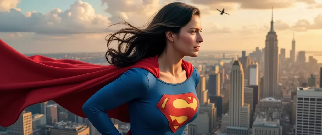 (((very beautiful old Supergirl (((1980s costume))) Julie Hagerty(((dark-haired, large-breasted woman in her 50s)))) Super woman Julie Hagerty