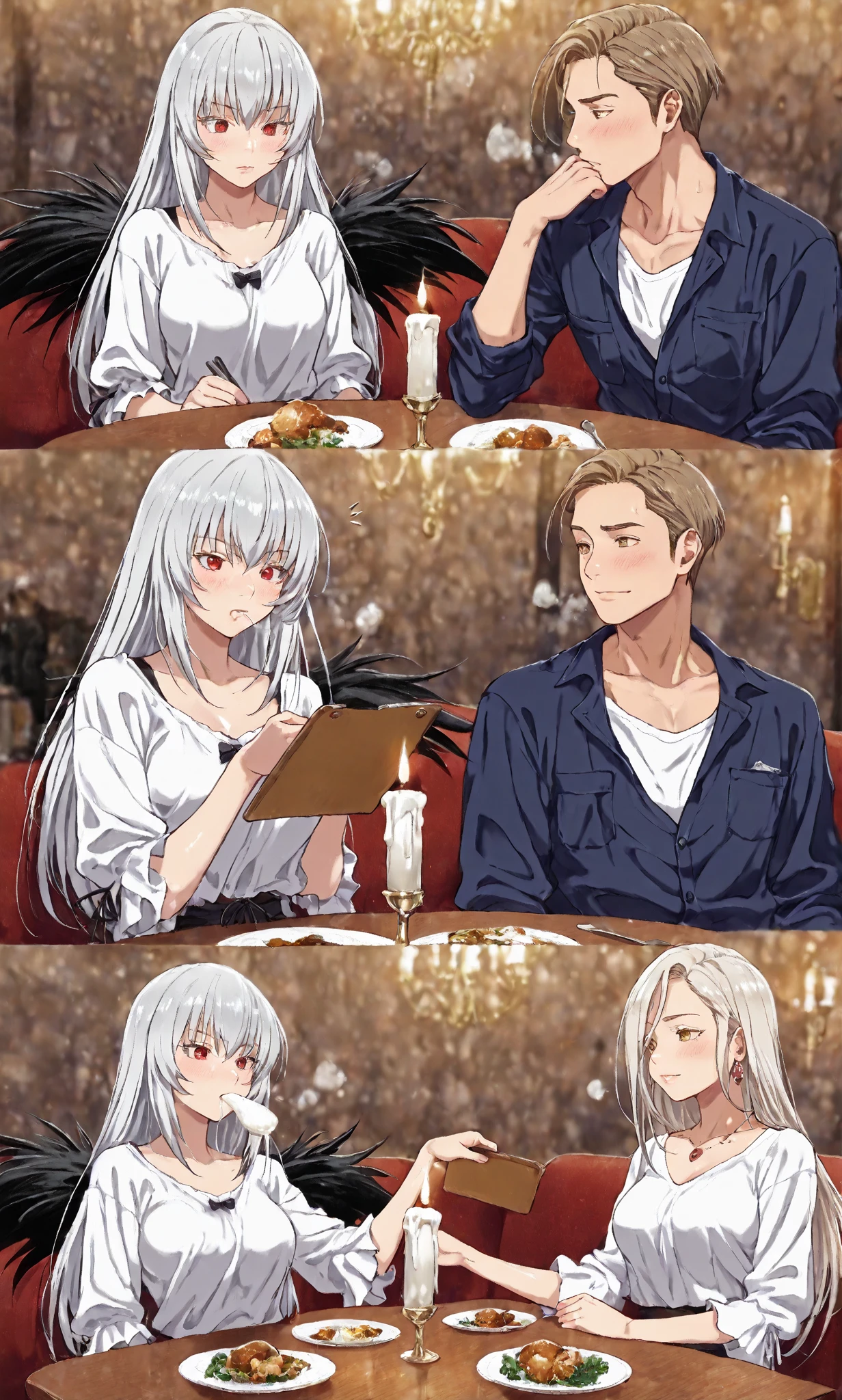 General plan, inside the restaurant, dinner for two, both sitting at table, By candlelight, ((((obra maestra)))),((((Tops)))),, high resolution,4k,8K,,Rozen Maiden,Suigintou,fine grain,detailed face,action, Red Eyes y cabello plateado largo, so beautiful、 beautiful skin 、Beautiful and detailed eyes, Red Eyes, long silver hair, obra maestra, ultra detailed, high resolution, stunning visual effects cg, (a girl and a boy ), mature female, Suigintou \(Rozen Maiden\), (long silver hair), (casual wear), medium breasts, shiny skin, boy with short brown hair and dark yellow eyes, ojos entreabiertos, ambos chico y chica having dinner uno frente al otro, both are seated at the table, at night, a romantic dinner, romantic atmosphere, both look at each other with love, small hearts float between them, there are diners at the surrounding tables. Sólo Suigintou y un hombre,( chico, Male), having dinner, both seeing each other with love, Please make a man your partner at the table lpm, only one man accompanies her, solo un hombre en la mesa frente a Suigintou, sólo Suigintou y un hombre having dinner By candlelight. Semen falls from her mouth onto the table, while a penis gets into her mouth.