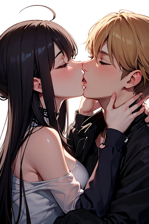 Amazing portrait of a young woman wearing white and orange striped t shirt and orange shorts and young boy wearing a navy blue t shirt and black shorts sitting on a bed together and kissing and making out passionately in a sexy and hot and lustful setting