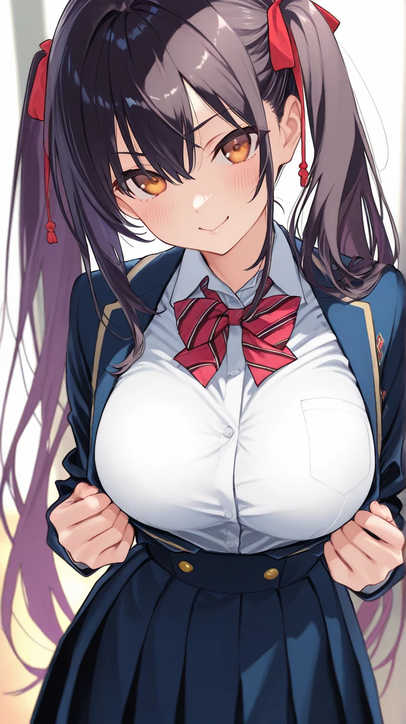 red eyes,skirt,ribbon,thighhighs,pink necktie,breasts,pink skirt,long sleeves,cleavage,highres,thigh gap,solo,huge breasts,necktie,hair ornament,sagging breasts,twintails,kono subarashii sekai ni shukufuku wo!,looking at viewer,blush