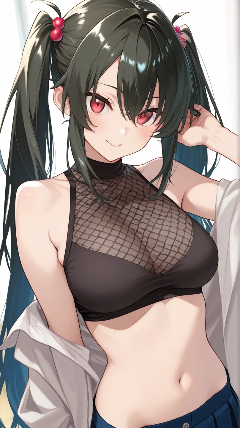 (((close up panties))), (I look up at the girls from the ground.)、(The girls who surrounded me and hugged me)、((A seductive wicked smile)), (Magic Warrior)、low length、(thin)、((5 years old girl))、(Transparent fair skin), (((child girl)))、Wavy、(Green Hair)、ponytail、(Forehead)、Big eyes、Grey Eyes、purple shoulder protectorred, Red cropped tank top、(covered nipples), ((Angle from below1.5)), Red short flared skirt、belly button、(Thighs), red panties, crotch、(Angle from the bottom of the girl), ((Girl squeezes me with her crotch)), (at a research facility)、((A pale aura surrounds))、((crouching))