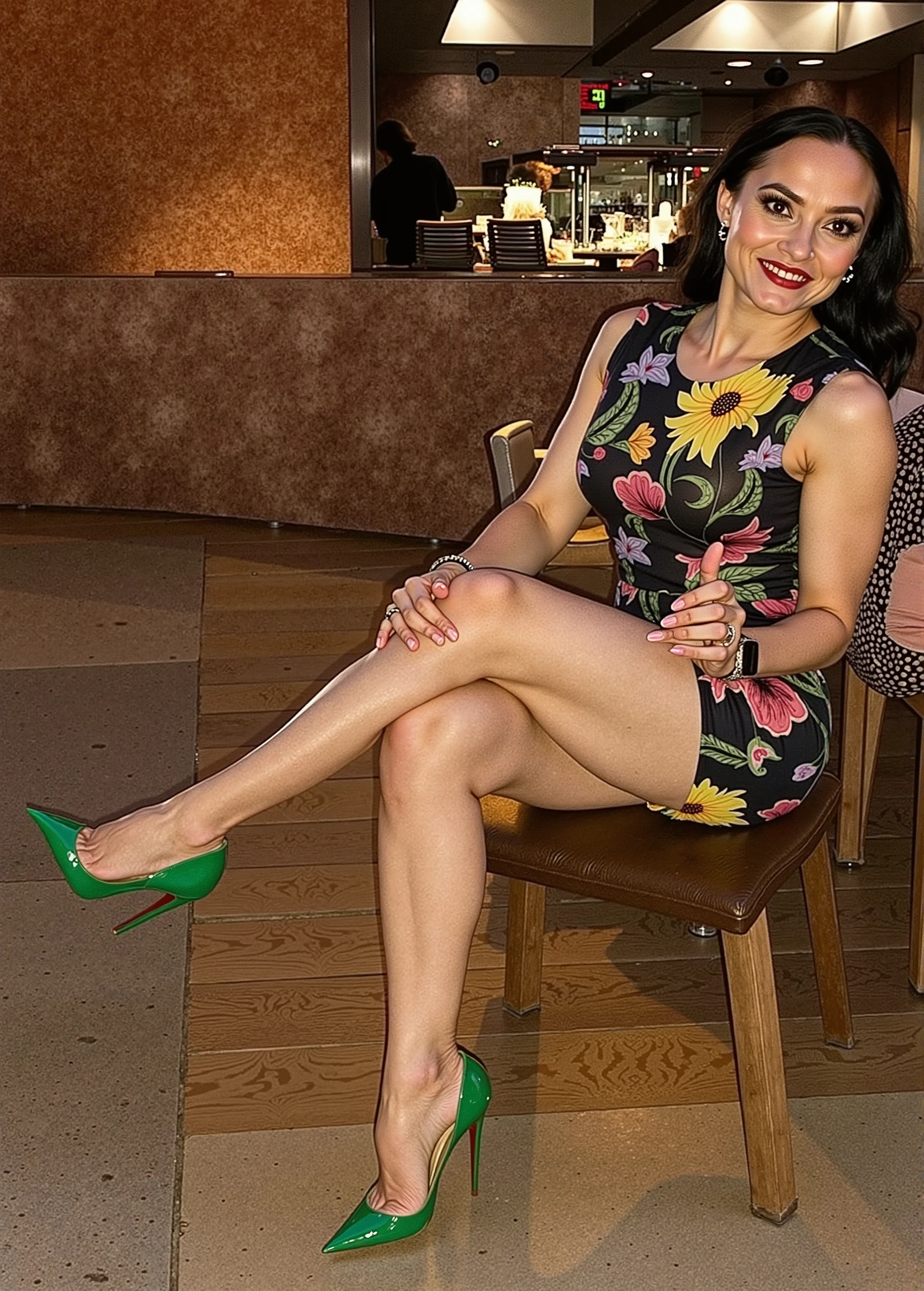 A photograph of a fair-skinned blonde woman with voluminous, wavy hair cascading over her shoulders, posing confidently on a concrete patio floor in a stylish outdoor dining venue. She wears a long-sleeved, deep V-neck paisley bodysuit in shades of purple, pink, and blue, tucked into high-waisted navy tailored shorts secured with a black Gucci belt with a golden double-G buckle. Her legs are toned and tanned, and she wears glossy black Christian Louboutin So Kate stiletto heels, with pointed toes and the iconic red soles clearly visible. The background includes modern wooden tables with beige upholstered chairs, a glass wall, and a curved raised planter full of vibrant green foliage. Lighting is natural and soft, with subtle shadows enhancing depth. Shot from the distance, full body from head to toe, no cropping above or below. Vertical framing, sharp focus, editorial quality.