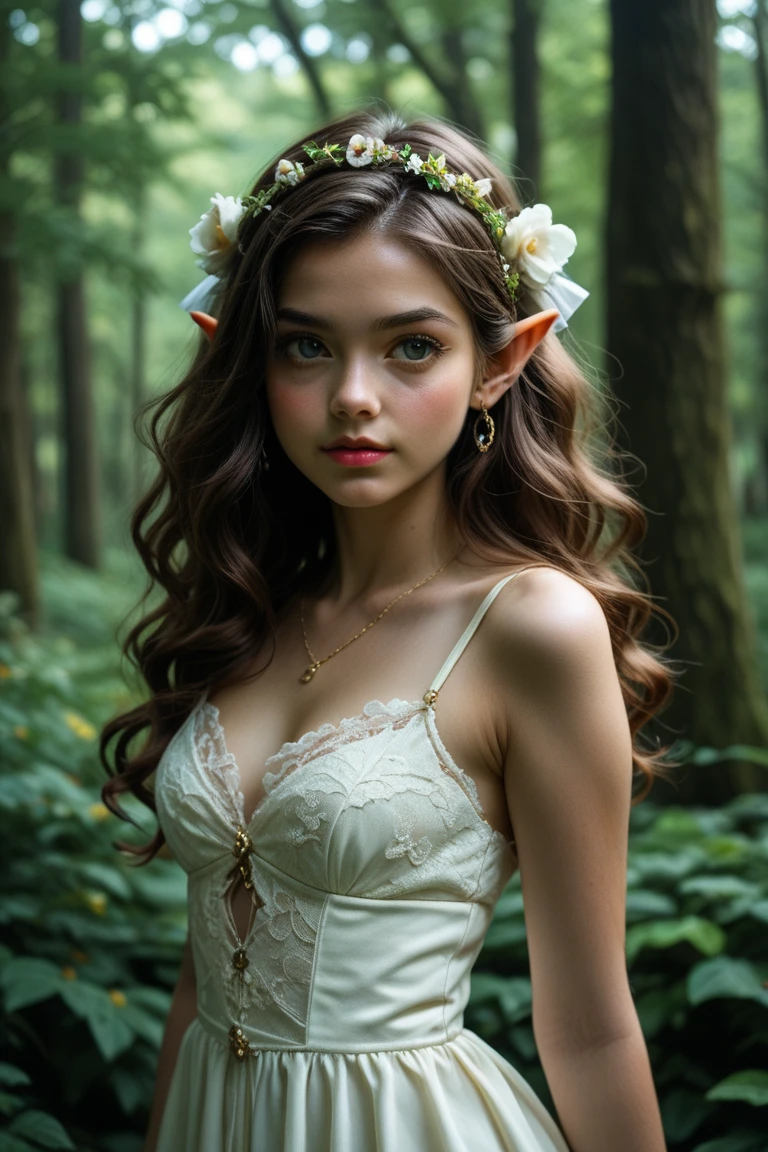 analog film photo, photo of a young elf girl, 18 years-old, elf, elf ears, long pointy ears, peridot eyes, ash brown hair, light-brown sun-tanned skin, goosebumps, pretty, natural beauty, tall, full hourglass figure, amazonian, wearing a cotton bralette, posing in a misty forest, RAW Photograph, dslr, soft lighting, high quality, film grain, Fujifilm XT3, detailed skin with visible pores, insane details, masterpiece, 8k, 35mm photograph, dslr, kodachrome, faded film, desaturated, grainy, vintage, Lomography, stained, highly detailed, found footage, close-up shot, elven ears