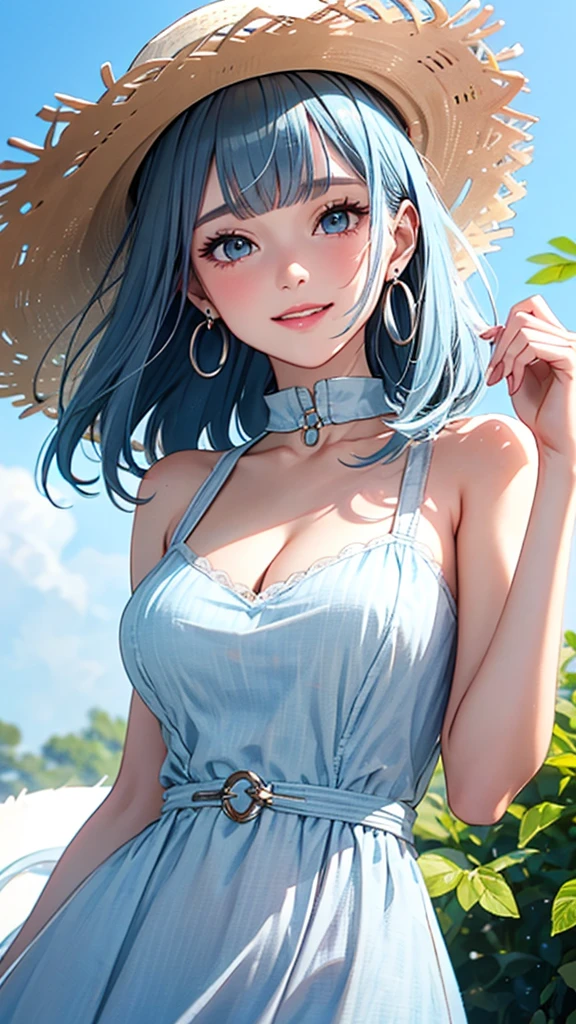 1 girl, bright blue hair, orange sweater, outdoor, long hair, breasts, smile, detailed face, beautiful detailed eyes, beautiful detailed lips, extremely detailed eyes and face, long eyelashes, (best quality, 4k, 8k, highres, masterpiece:1.2), ultra-detailed, (realistic, photorealistic, photo-realistic:1.37), portraiture, vibrant colors, natural lighting, warm tones, large breast, sensual Perfect body.
