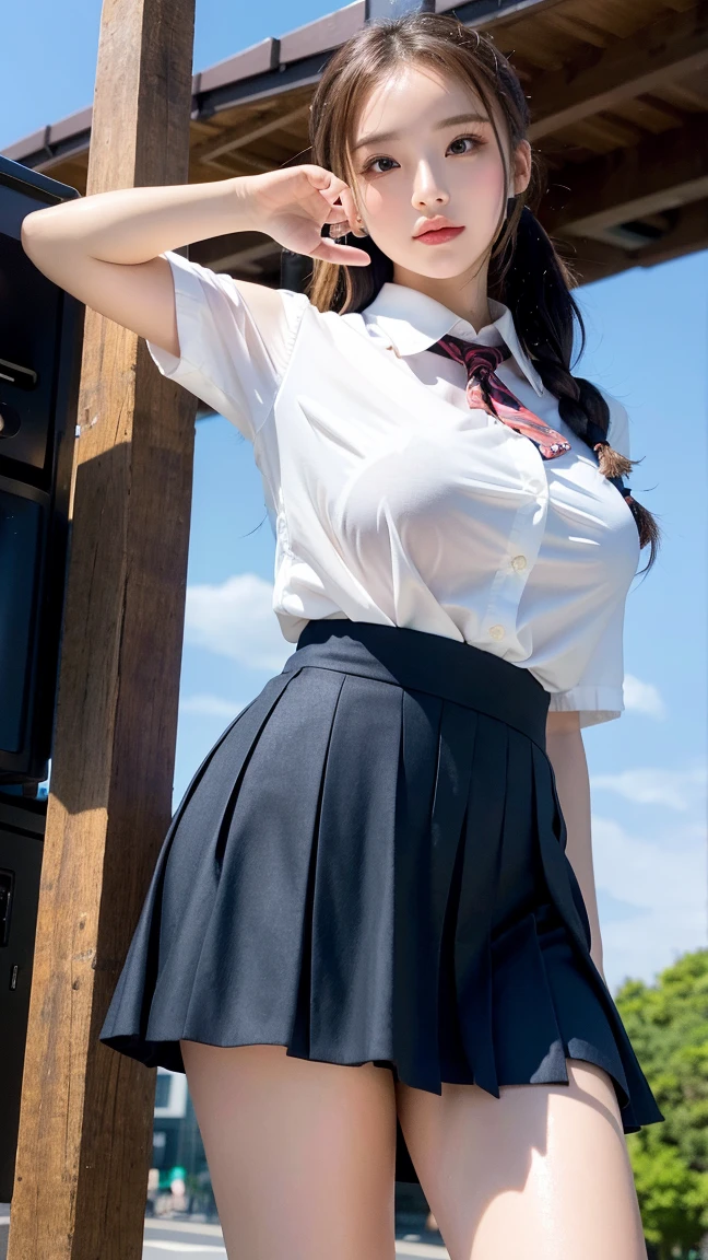 Very detailed、masterpiece、Highest quality、Ultra-high resolution、8K High Resolution、Photogenic transparency、Detailed eyes、Gradation、Perfect anatomical figure ,hard disk、Hmph , Nikon Z9 80mm Lens , Tabletop、Street in front of Tokyo Station、Standing model、shirt、(school uniform:1.5)、(((Skirts must be worn)))、(((Lift the hem of a skirt)))、Panty Focus、Too bright natural light、sunlight、(((While standing, She lifts her skirt to show her pussy to the camera.)))、(((Beautiful and white teeth)))、(((Raise your skirt higher and higher,Show your pussy to the camera)))、Ultra slim body、(Very large breasts:1.3)、Slim model body shape、Beautiful posture、Wearing a collar、Earrings、Earrings、((Navy Blue Skirt))、crowd、Erect nipples、ponytail,shaved pussy、In front of a crowd、navel piercing