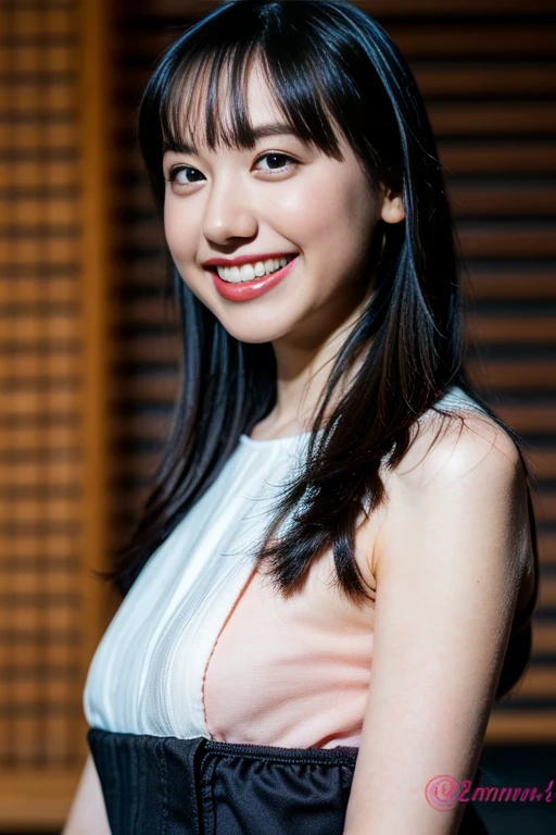 cute、The face is very delicate、最高masterpiece, (Highest quality, 8K, 32k, masterpiece, Hmm.........: 1.2), Japanese women:1.5, Big Breasts:1.5、Long Hair:1.5、Looking up、smile、smile、Open、Completely ?????、Neon city at night, Idol、tits、A big smile