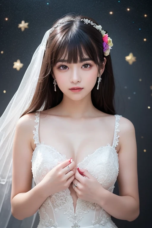 (RAW photo:1.2), (photorealistic:1.4),(intricate details:1.2),(masterpiece:1.3),(best quality:1.4), (ultra highres:1.2), cinema light, ultra high res,(detailed eyes),(detailed facial features),(detailed clothes features), HDR, 8k resolution, looking at viewer, skin tight, (shiny skin),(slender girl),dreamlike,((white lace wedding dress)),nsfw, ((detailed wedding veil with flowers)), long white gloves, white ribbon, narrow waist, translucent, (extreme detailed illustration),, 1girl, cute, innocent, (smile), skinny body, indoors, firm breasts, small breasts

