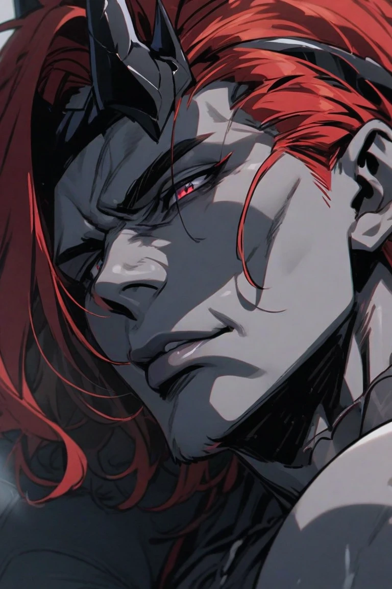 {{portrait, dutch angle}} {{Artist: Sincos}} 1male, solo, toned male, red hair, flowing hair, long hair, red eyes, lips, black sci-fi armour with, black cape, angry, outdoors, city, looking at viewer, standing, fog, modern day, superhero day, blood on face, arm, muscular arm