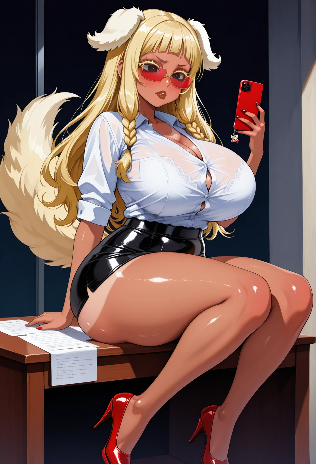 highly detailed, sitting in office chair, feet up, looking at viewer, legs spread apart, cleavage, camel toe, lace panties, hand on crotch
