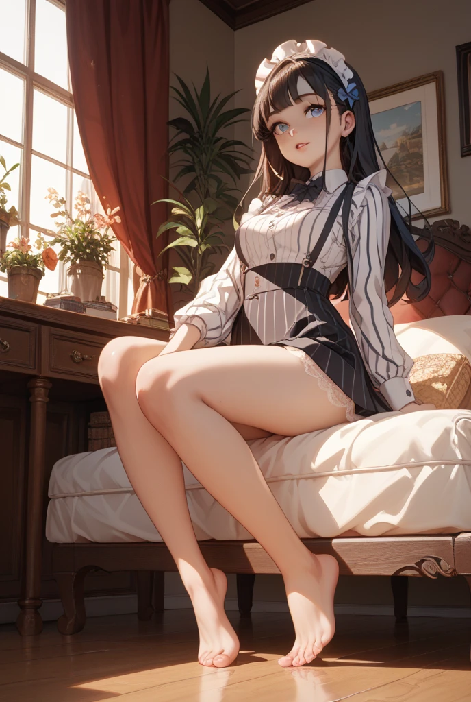 1 chica (Obra maestra, mejor calidad, ultra detallado, mejor sombra), (antecedentes detallados), (cara bellamente detallada), Alto contraste, ((cinematic light)), Vistoso, hiper detalle, detalles intrincados, Tendencias del realismo del anime Pixiv, profundidad de campo, 1 chica, Solo, (ara ara madura mirada femdom), jefe, CEO, presencia de la diosa, Demanding look The expression is dominant, desenfrenada y seductora., (cara hermosa perfecta), presencia de realeza, ojos rosados, Color aleatorio de cabello visible muy largo.) pies perfectos. suelas de piernas desnudas, cinco dedos del pie, towering over you, sentado en el escritorio, oficina