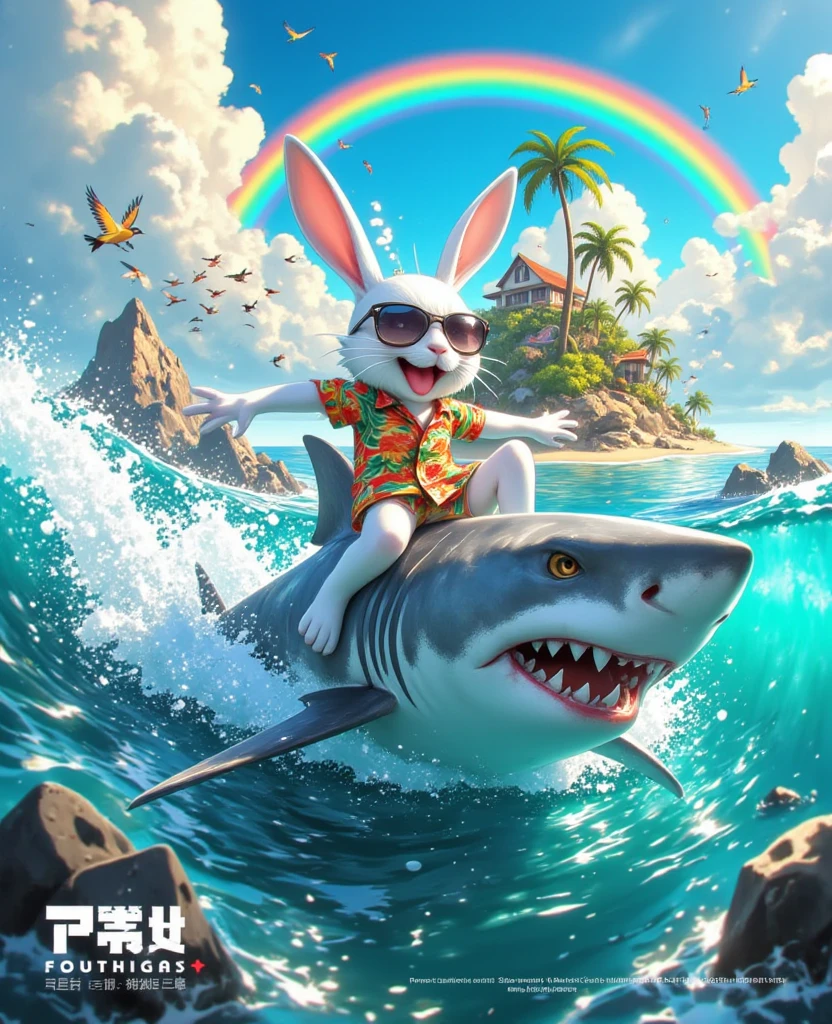 An otter on a beach does battle with a crab on a beach at sunset, like a video game they have health meters, a bikini clad woman watches
