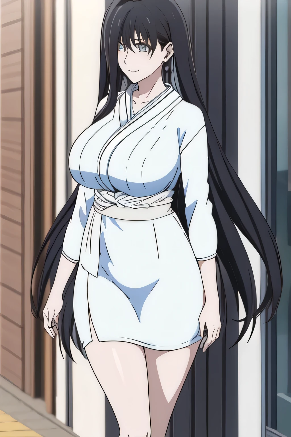 Can you draw a woman with long black hair in an office lady suit,Light blue suit,white blouse,light blue mini skirt,yellow scarf around the neck,high heels, city tour ,Walk Alone,face is absolutely necessary,please give me an accurate representation of her hands and legs,Beautiful legs,big boobsでもウエストが細い,big boobs,Please delicately draw facial expressions,A woman with a lovely smile, Big black wavy hair, , Big breasts, thin waist , , ,