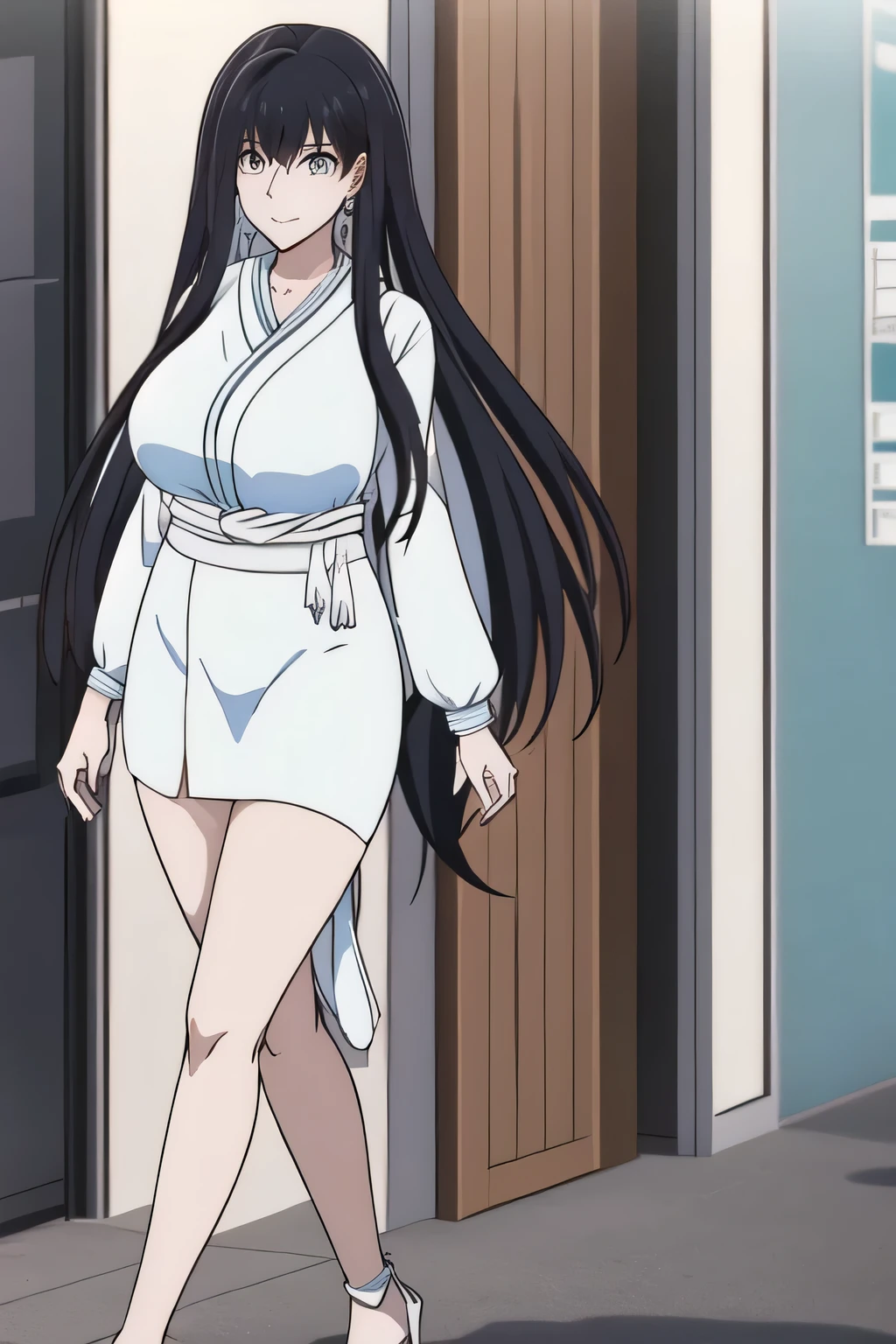 A woman with very long black hair wearing a kimono, (very long hair:1.25) and (long bangs:1.5) messy bangs, swept bangs, standing. The artwork is inspired by manga and incorporates a doujin style. The woman appears to be (wetting herself:1.75), which causes her to feel embarrassed and humiliated, resulting in a blush on her face. In addition, there is an air of anger in her expression. The lighting in the scene is moody, with a spotlight highlighting the woman's figure, Her arms are crossed (crossing arms:1.75), showcasing a very large pee stain that covers almost the entire front of her kimono., light blue kimono, large breasts