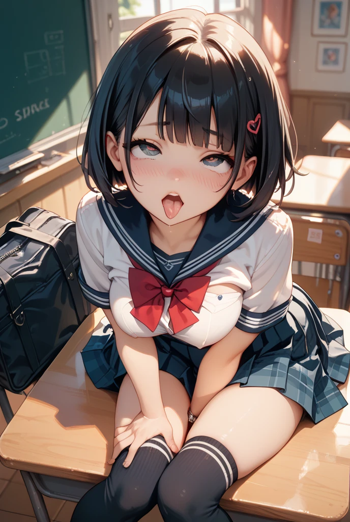 (((masterpiece, Highest quality, High resolution, 超High resolution, Pixel perfect, Written boundary depth, 4K, About RTTX10.0))), Beautiful Anime Women, Beautiful art style, Anime characters, ((Smooth texture, Realistic texture, Anime CG Style)), Exact finger count、Exact number of legs、(Exact number of arms:1.0, Exact number of hands:1.0), (Perfect hands, Perfect Anatomy), Cinematic, Realistic, Highly detailed CG, Daytime lighting, Perfect lighting, Best Shadow, The best natural light, whole body, Perfect body, (Slender body:1.2), whole body, ((bangs, Dark brown hair, Bobcut)), ((One woman is kneeling, looking up and gazing open-mouthed., sleep:1.4)), ((Beautiful eyelashes)), ((Detailed face, Blushing:1.2)), (Beautiful and large breasts:0.9), (Amazingly beautiful girl), (School classroom:1.3), (Fashionable white shirt, Sailor collar, Navy blue sailor suit, Knee-high socks, Navy pleated mini skirt:1.3), (Open your mouth wide:1.5), ((close your eyes:1)), ((cute, Sighing expression)), Breathe with your shoulders, sexual pleasure expression, Holding in pee、Patience is the limit、On the brink of climax, (Perfect Anatomy, Perfect number of arms, Perfect hands)、(cum on face, cumin mouth:1.7), Look up, A &#39;Phew&#39; sound, Surprised expression, Angle from above right, (My face is covered in sticky white liquid,　There is a lot of sticky  in the mouth:1.7)