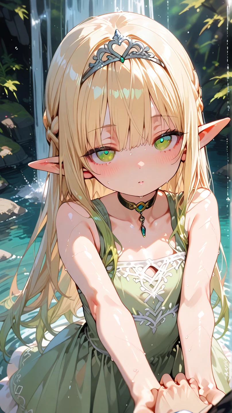 ((best quality)), ((masterpiece)), (detailed), 4k, green skin, pointy ears, goblin girl, cute, innocent, naive, absurdres, soft skin, small breasts, wearing leaf bikini, holding a large present, surprised expression, receiving a gift, holding a large birthday present, looking at present in hands