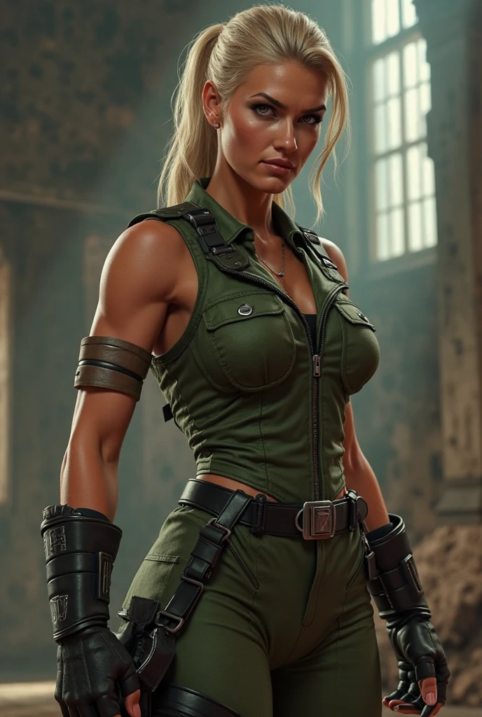 "A young, muscular female warrior in sweat-soaked, dirt-stained undergarments, standing in a dimly lit changing room. Her body is smeared with mud, blood, and sweat, reflecting the intensity of battle. Nearby, her blood-splattered armor lies discarded, her fierce eyes showing exhaustion and strength."blond hair
