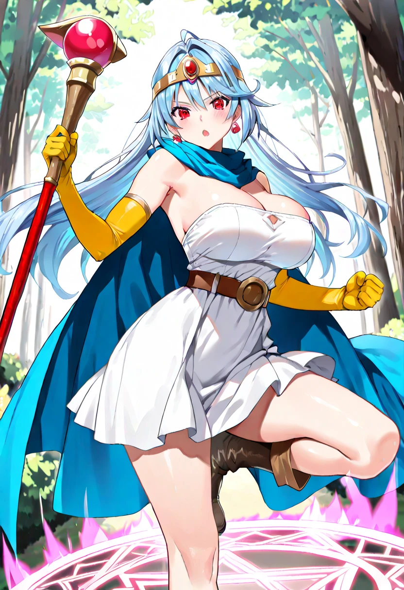 (A woman is shooting fireballs from the palm of her hand, Cast a spell, Windでスカートがめくれている, White panties:1:3), masterpiece, Highest quality, 4K, 8k, Blue Hair, White Dress, Red eyes, Circlet, Cleavage, Blue Cape, depth, depth of field, Outdoor, nature, petal, Wind, beautiful, High resolution, Perfect lighting, Detailed face, Detailed body, masterpiece, Highest quality, Intricate details, High resolution, Perfect Face, Perfect Eyes