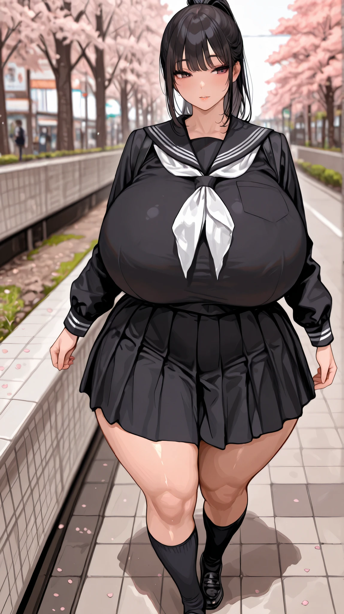 (masterpiece), (1 serious public discipline chairman: 1.3), (super thick and plump body: 1.3), (huge breasts and butt)), (small head: 1.2), (extremely small uniform)), (shiny skin: 1.2), (speech while crouching on the schoolyard morning stand))