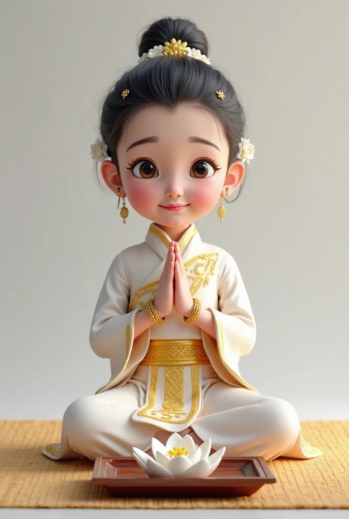 (tmasterpiece), (Need), (super-fine), (full bodyesbian:1.2), ultra cute, 3 year old baby, by Pixar, Gray-white Taoist robes, It's a big eye-catcher, fluffly, ssmile, Delicate and delicate, Fairytales, Incredibly high detail, pixar-style, bright color palette, Natural soft light, Simple background in solid color, Octane rendering, Trends on ArtStation, opulent, ultra-wide-angle, 8K, k hd, realisticlying,Sitting on a lotus flower frontally