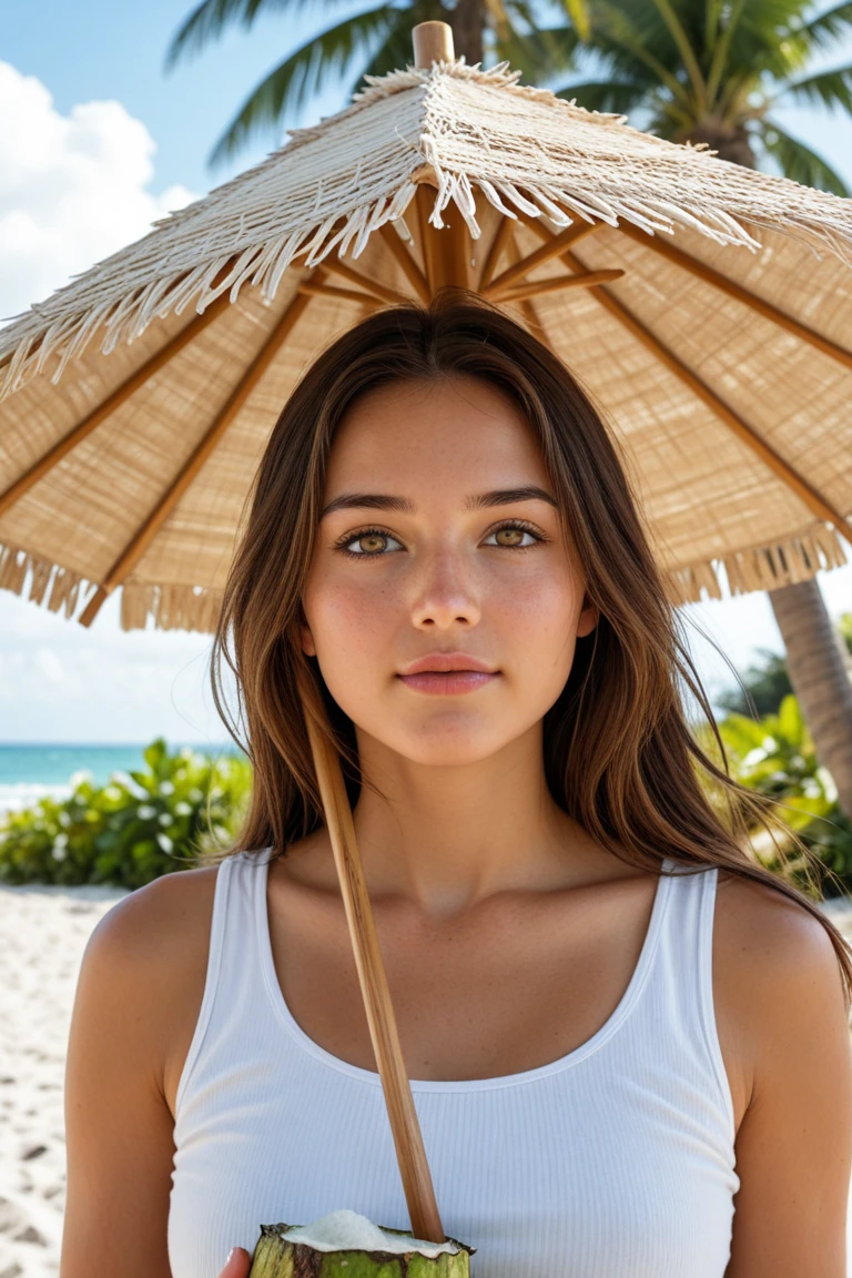 arafed woman in a white bikini and a straw hat on the beach, wearing straw hat, with straw hat, perfect face ), gorgeous young model, tanned skin, gorgeous female, extremely beautiful face, gorgeous woman, smooth tan skin, a beautiful teen-aged girl, beautiful young girl, young swimsuit model, ukrainian girl, tan complexion, attractive girl