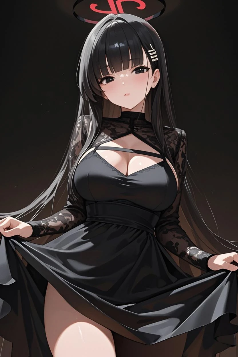 long black hair、black lace detail