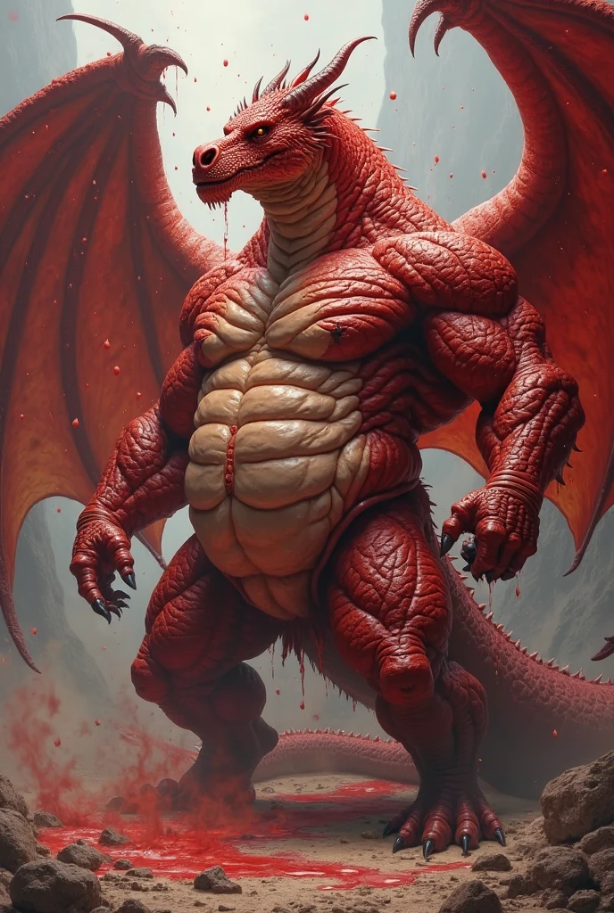 He is a red dragon,He has two arms and two legs and is cool.,Five fingers, five toes, and golden horns, Wings with hands, The world's most super tall and extremely obese dragon, So that the boat touches the ground,, It has wings and its facial features are so thick that it is bigger than its face, fat and huge, and its belly is swollen like a balloon that looks like a mountain that could burst. It is swollen several times more than its size and is distracting.!!! His belly touches the ground and his body is long. He is 10 heads tall. He is alone. He is too fat. His belly is too big and his legs, arms, face, and everything else look small compared to his belly fat. Make him bigger and fatter.