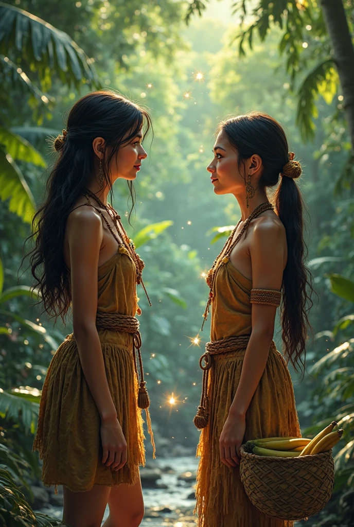 3 tiny beautiful girls in a Thai dress hanging from a tree branch, sleeping, palms covering her chest, no shirt, water droplets clinging to her, close-up macro shot, highly detailed, photorealistic, cinematic lighting, warm color tones, 8k, masterpiece