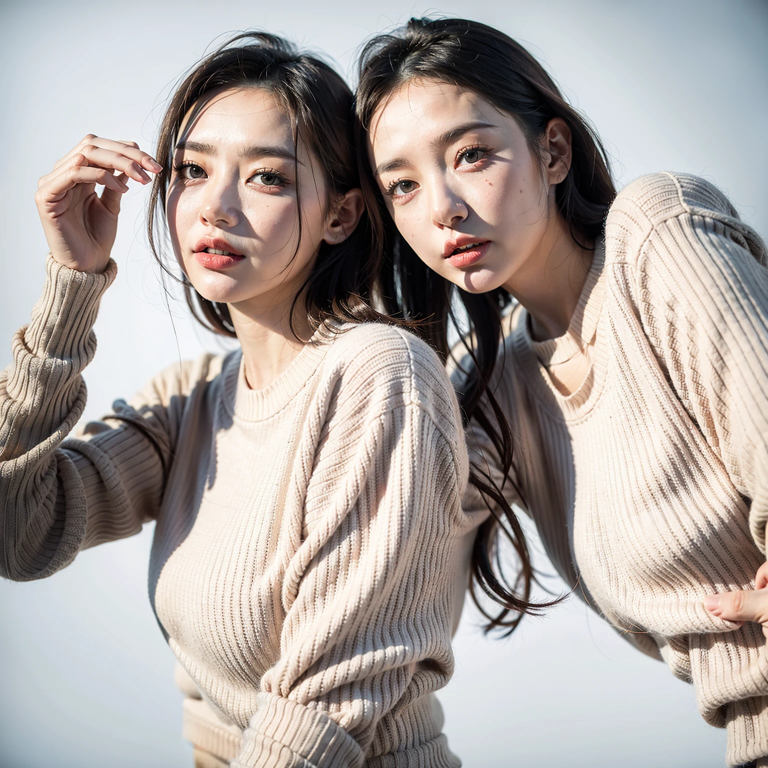 work of art, best qualityer, high resolution, ((Photoreal:1.4, CRU photo, 超Uma high resolution,best quality image: 1.4)), ((don'I didn't share)),((upper body 1.5)), detailed and beautiful eyes, Natural color lip, ((great smile:1.5)), ((random cute curly hair)), ((Random breast size from large to medium:1.3)), ((Random Drop Clothes:1.6)), ((random light wear:1.2)),((brain out、Eyeballs under the arms:0.9)), ((peep from below)), ((hotel)), ((Random and cute expressions)),, ((3 girls、three people in a line:1.5)) highly detailed and professional lighting、 ((Random and cute expressions:1.5))、 ((Underarm display:1.5))、 ((Showing my armpits:1.5))、 ((I can see my thighs:1.5))