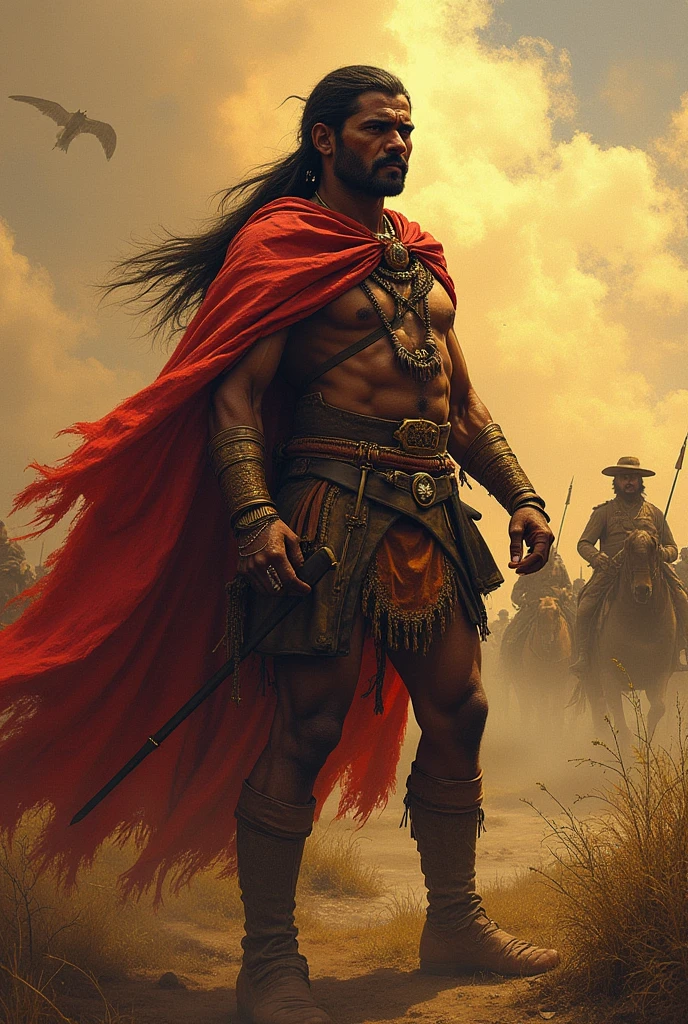 Muscular African man with golden crown and red king cape with double axe in hand riding a white horse full body 