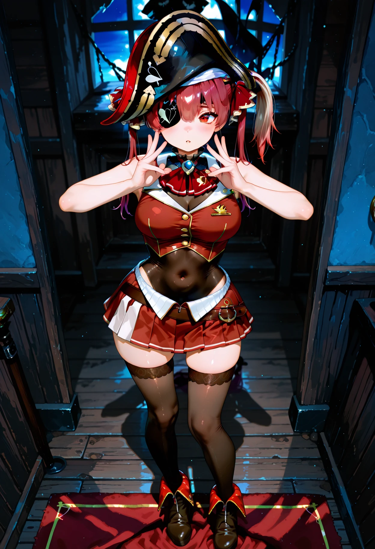 (masterpiece:1.2), best quality, high resolution,extremely detailed face,extremely , (perfect hands, perfect anatomy),xrdIno,shoot from below,open thighs,white panties, bare shoulders, hat, choker, o-ring top, detached sleeves, short dress, fingerless gloves, thigh boots,music live stage,Shine a light on I-no's crotch,coverd nipples,