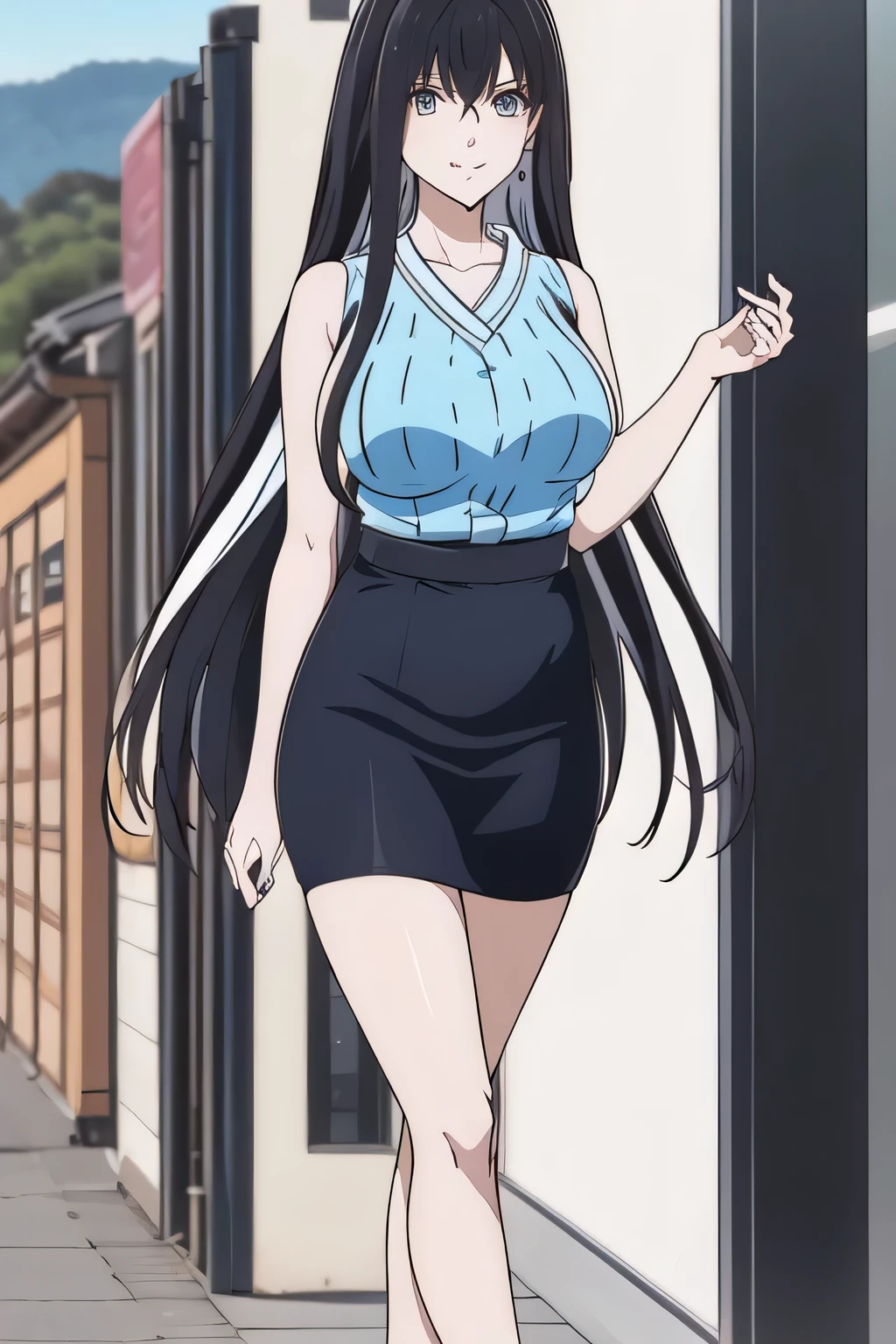 don't crop her face as it is absolutely necessary for the work,Can you draw a woman with long black hair {X} Please draw a woman in a blue business suit and blue miniskirt,Yellow Scarf,high heels,Wearing an office lady suit、Please give me a detailed depiction of her hands and feet, light blue suit,white blouse,Light Blue Miniskirt,首にYellow Scarfを巻いている,high heels, city tour , Walking Alone ,face is absolutely necessary,with a Yellow Scarf around her neck,beautiful legs,big boobsでもウエストが細い,big boobs, Please draw your eXpression delicately ,A woman with a lovely smile, Big black wavy hair, , Big breasts, thin waist , , ,
